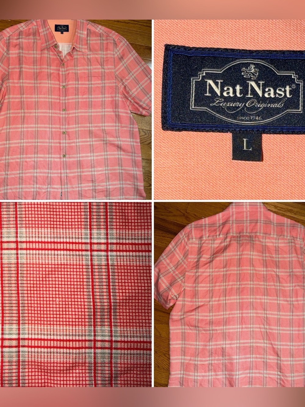 Nat Nast $149 Silk Blend Mens Shirt Peach & Blue Plaid Large EUC